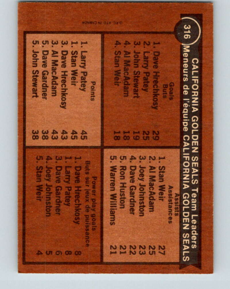 1975-76 O-Pee-Chee #316 Stan Weir TL California Golden Seals V6621