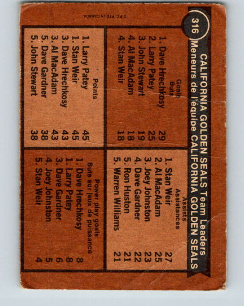 1975-76 O-Pee-Chee #316 Stan Weir TL California Golden Seals V6622