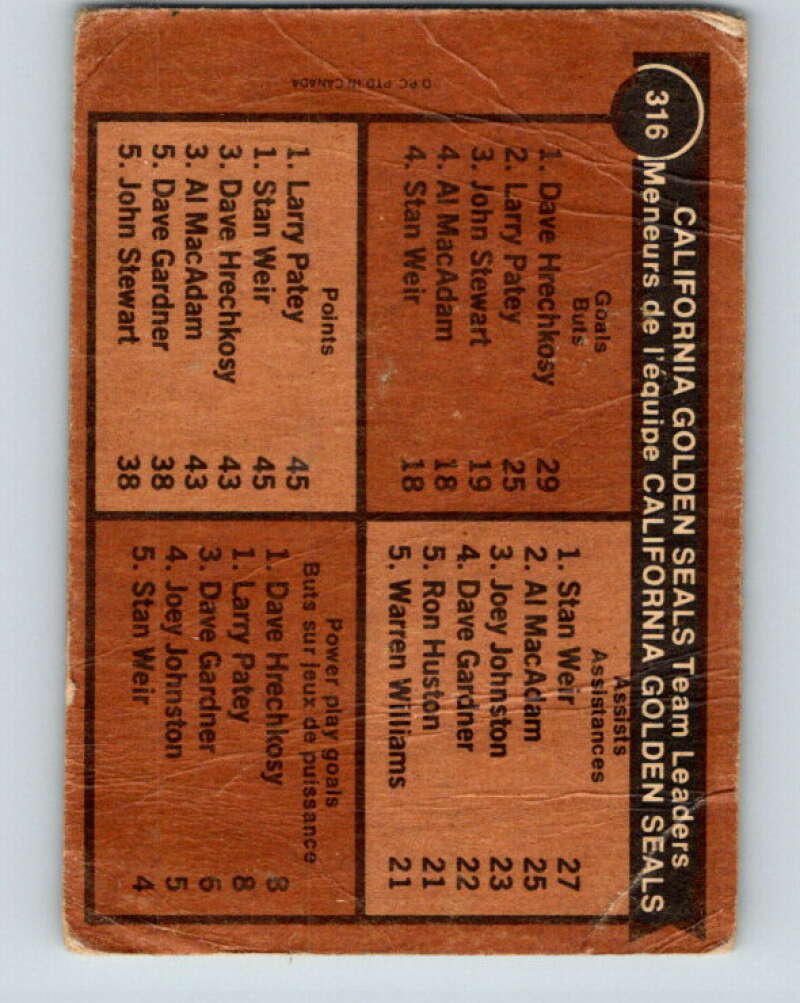 1975-76 O-Pee-Chee #316 Stan Weir TL California Golden Seals V6623