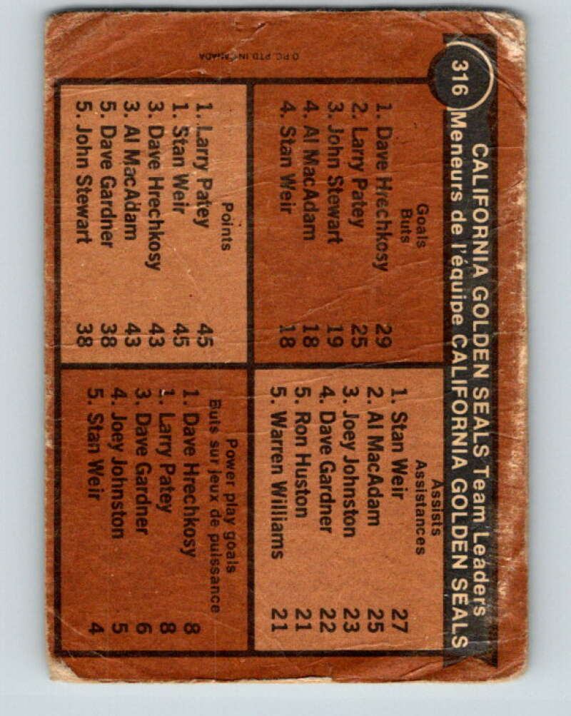 1975-76 O-Pee-Chee #316 Stan Weir TL California Golden Seals V6624