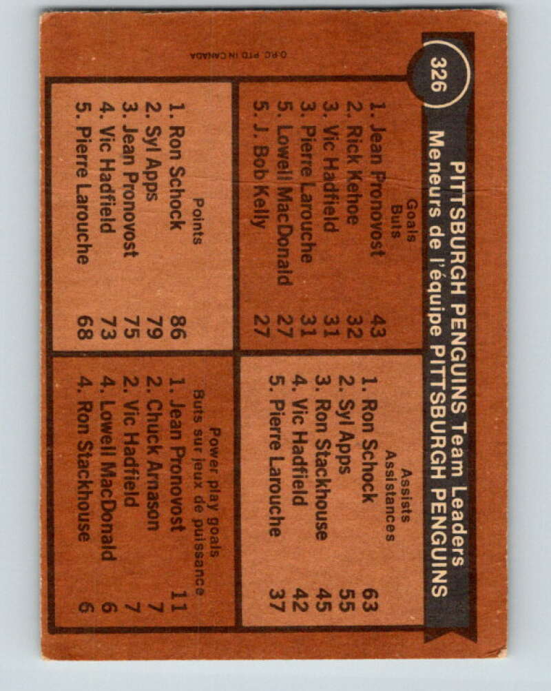 1975-76 O-Pee-Chee #326 Jean Pronovost/Ron Schock TL Pittsburgh Penguins V6670