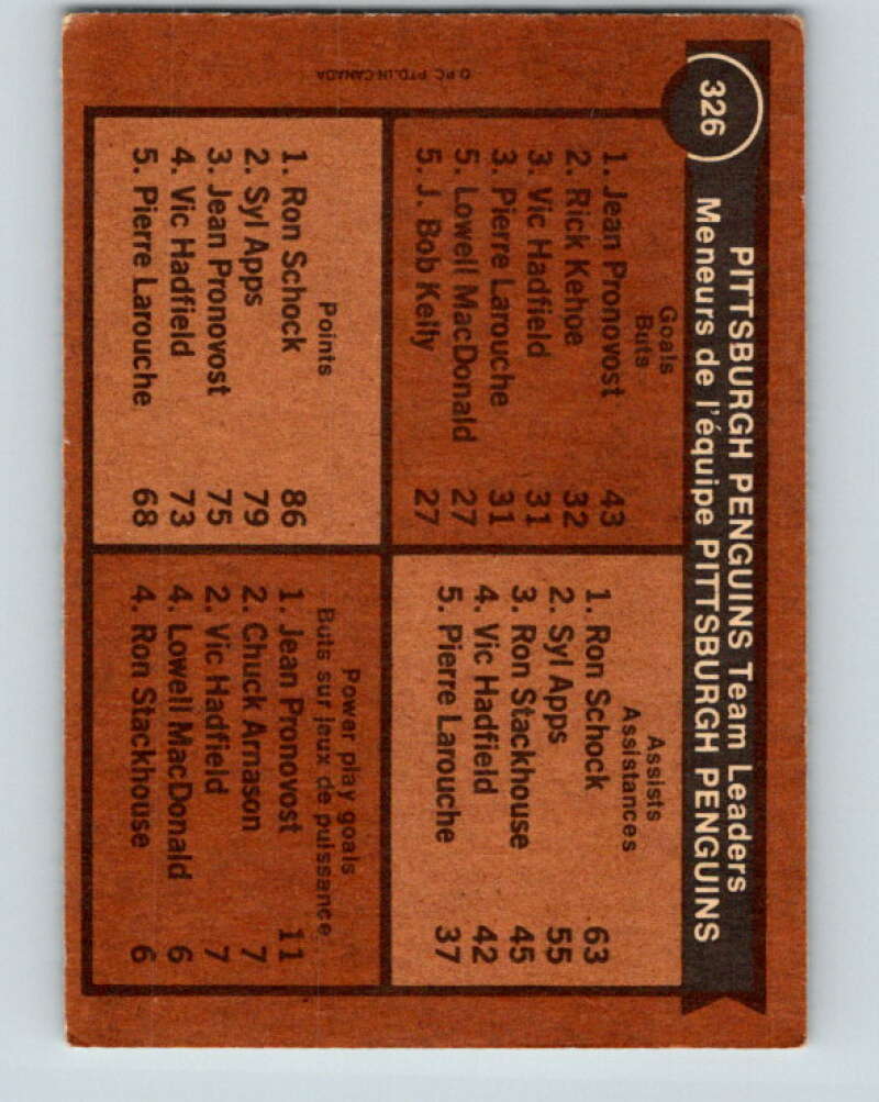 1975-76 O-Pee-Chee #326 Jean Pronovost/Ron Schock TL Pittsburgh Penguins V6671