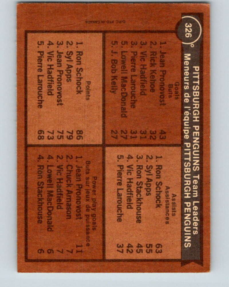 1975-76 O-Pee-Chee #326 Jean Pronovost/Ron Schock TL Pittsburgh Penguins V6673
