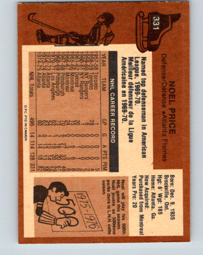 1975-76 O-Pee-Chee #331 Noel Price Atlanta Flames V6695