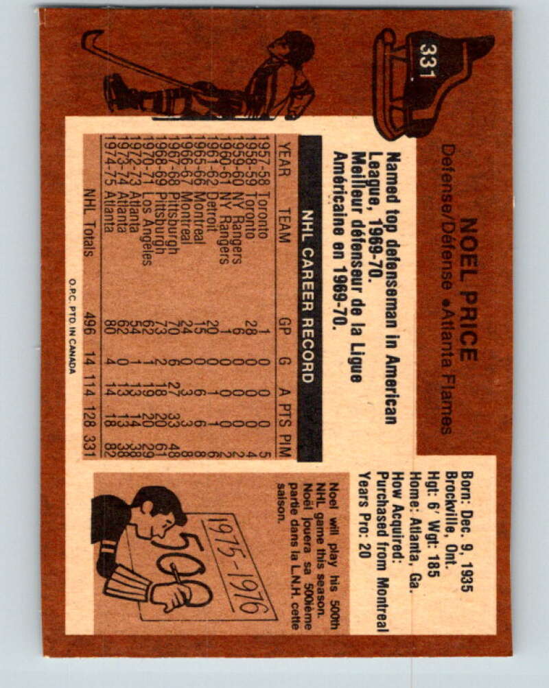 1975-76 O-Pee-Chee #331 Noel Price Atlanta Flames V6696