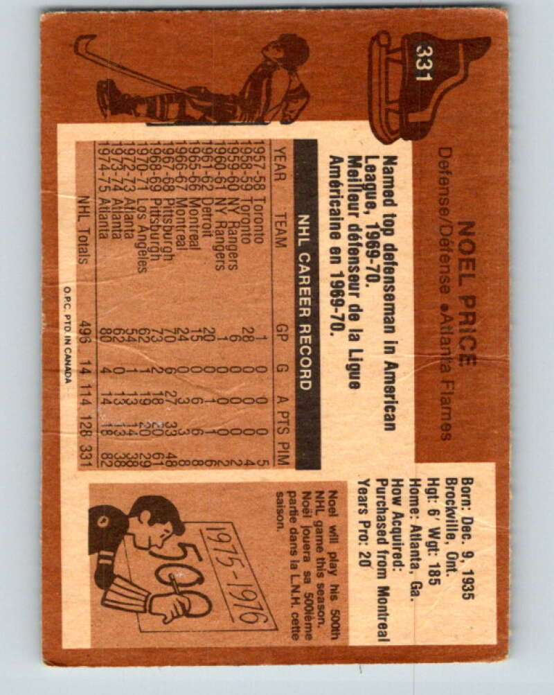 1975-76 O-Pee-Chee #331 Noel Price Atlanta Flames V6697
