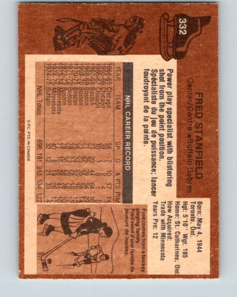 1975-76 O-Pee-Chee #332 Fred Stanfield Buffalo Sabres V6698