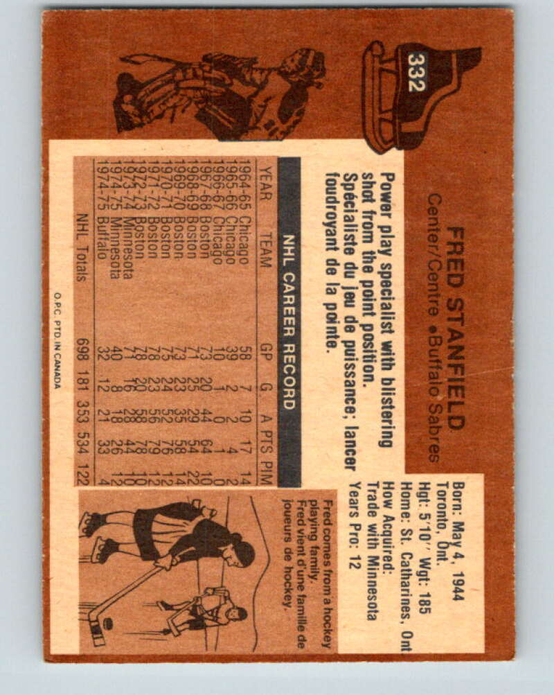 1975-76 O-Pee-Chee #332 Fred Stanfield Buffalo Sabres V6699