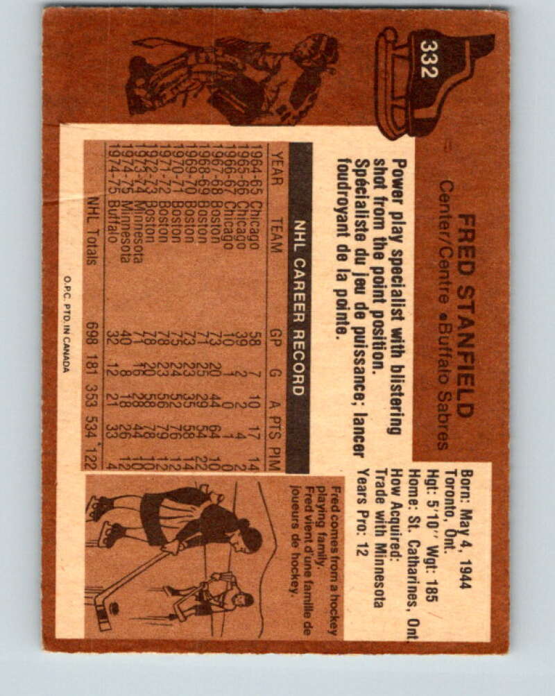 1975-76 O-Pee-Chee #332 Fred Stanfield Buffalo Sabres V6700