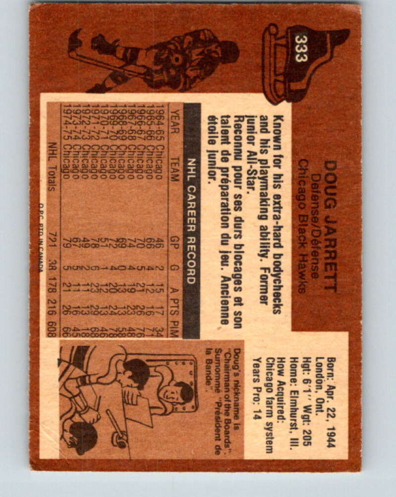 1975-76 O-Pee-Chee #333 Doug Jarrett Chicago Blackhawks V6701