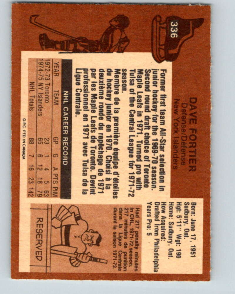 1975-76 O-Pee-Chee #336 Dave Fortier New York Islanders V6712