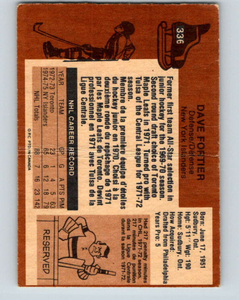 1975-76 O-Pee-Chee #336 Dave Fortier New York Islanders V6715