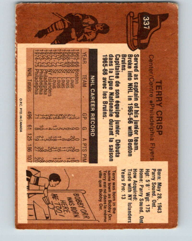 1975-76 O-Pee-Chee #337 Terry Crisp UER Philadelphia Flyers V6717