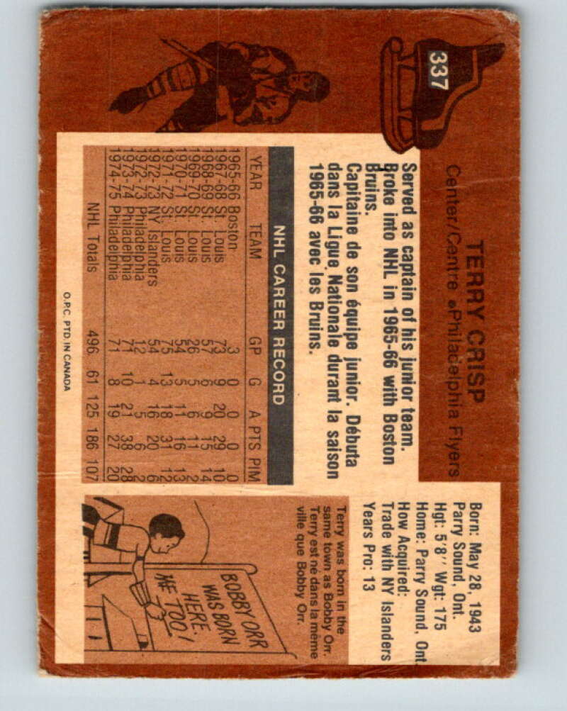 1975-76 O-Pee-Chee #337 Terry Crisp UER Philadelphia Flyers V6721