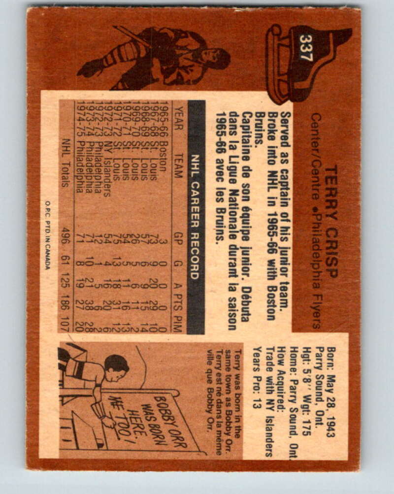 1975-76 O-Pee-Chee #337 Terry Crisp UER Philadelphia Flyers V6722