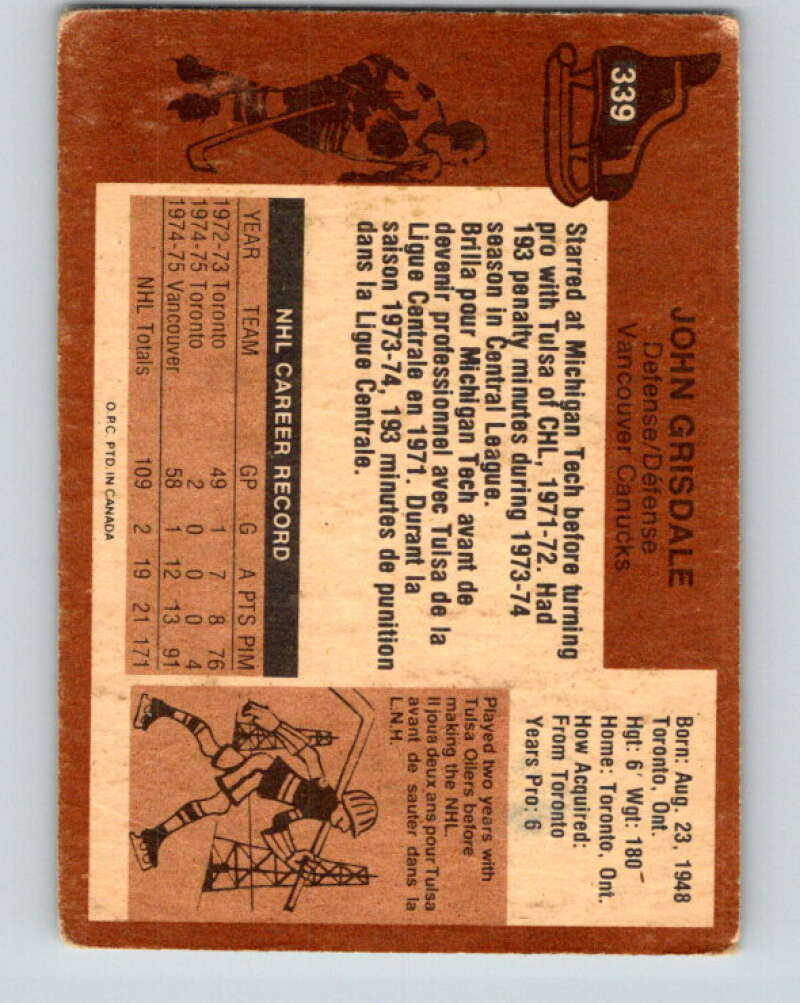1975-76 O-Pee-Chee #339 John Grisdale RC Rookie Vancouver Canucks V6728