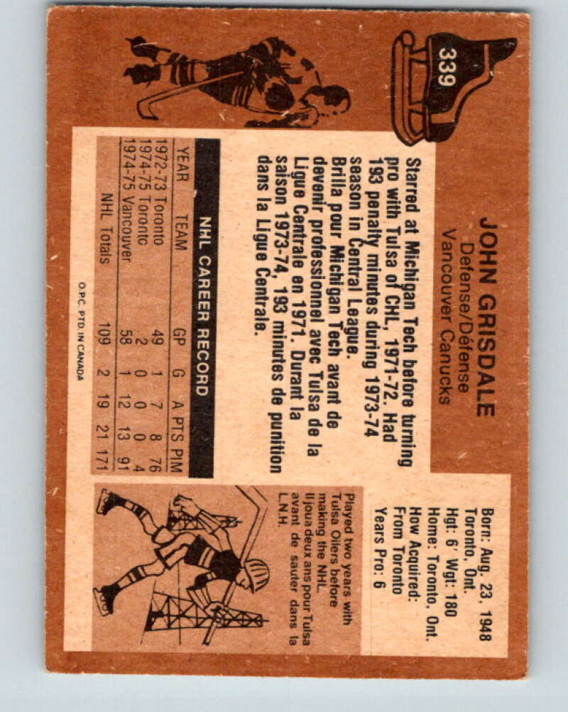 1975-76 O-Pee-Chee #339 John Grisdale RC Rookie Vancouver Canucks V6729