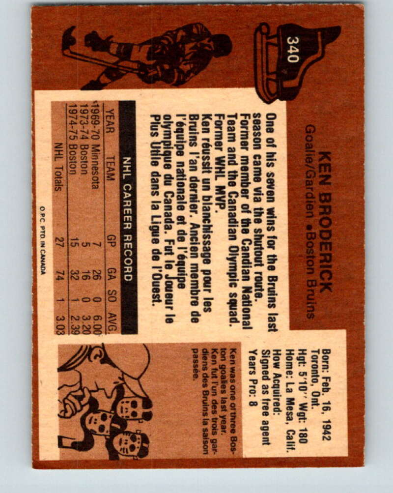 1975-76 O-Pee-Chee #340 Ken Broderick Boston Bruins V6730