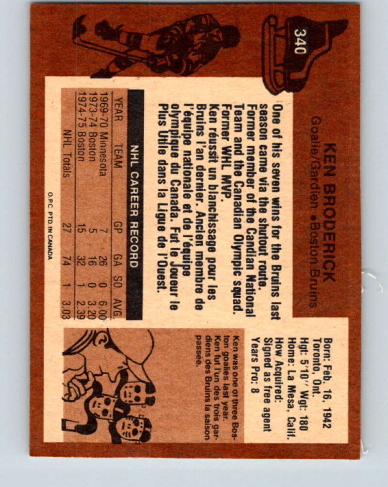 1975-76 O-Pee-Chee #340 Ken Broderick Boston Bruins V6731