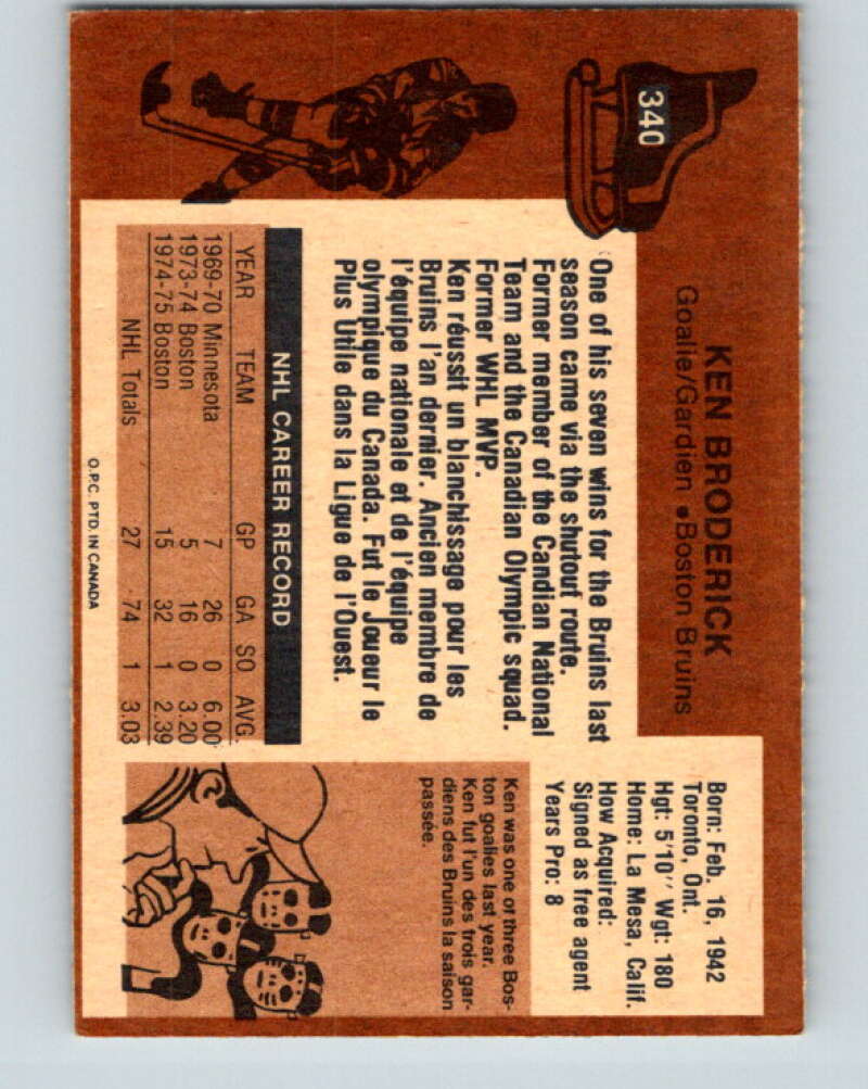 1975-76 O-Pee-Chee #340 Ken Broderick Boston Bruins V6732