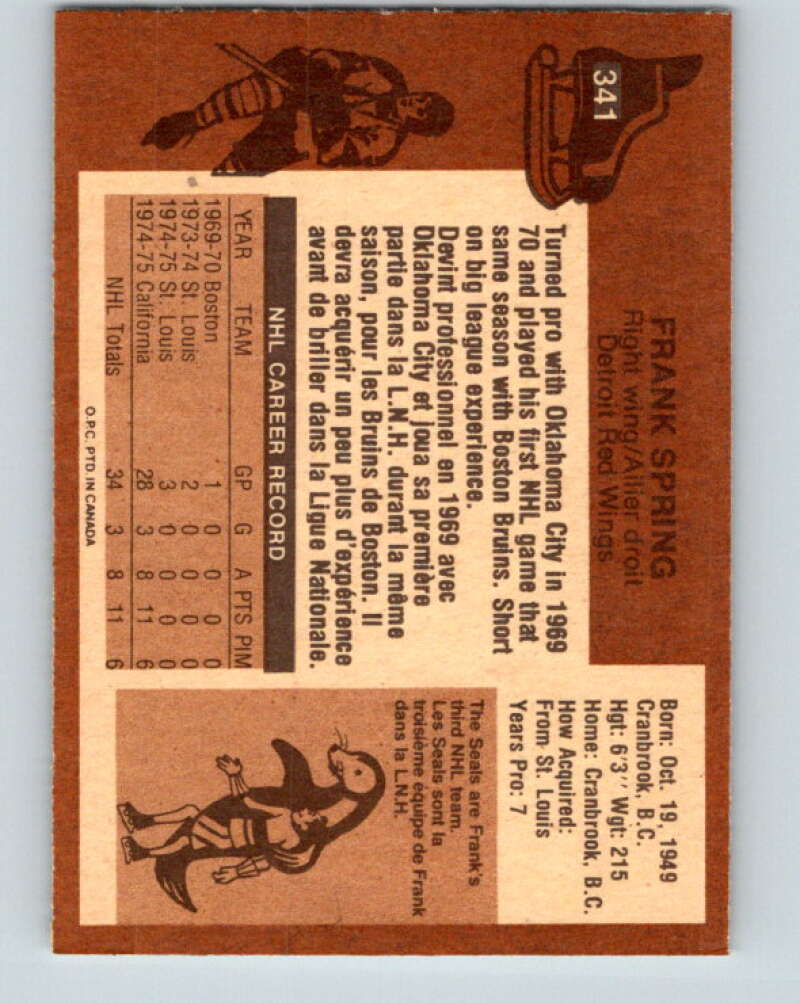 1975-76 O-Pee-Chee #341 Frank Spring RC Rookie California Golden Seals V6733