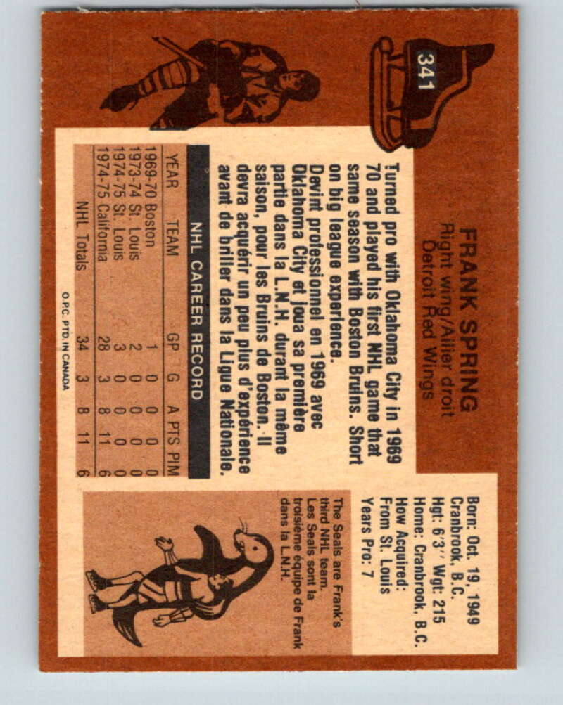 1975-76 O-Pee-Chee #341 Frank Spring RC Rookie California Golden Seals V6734