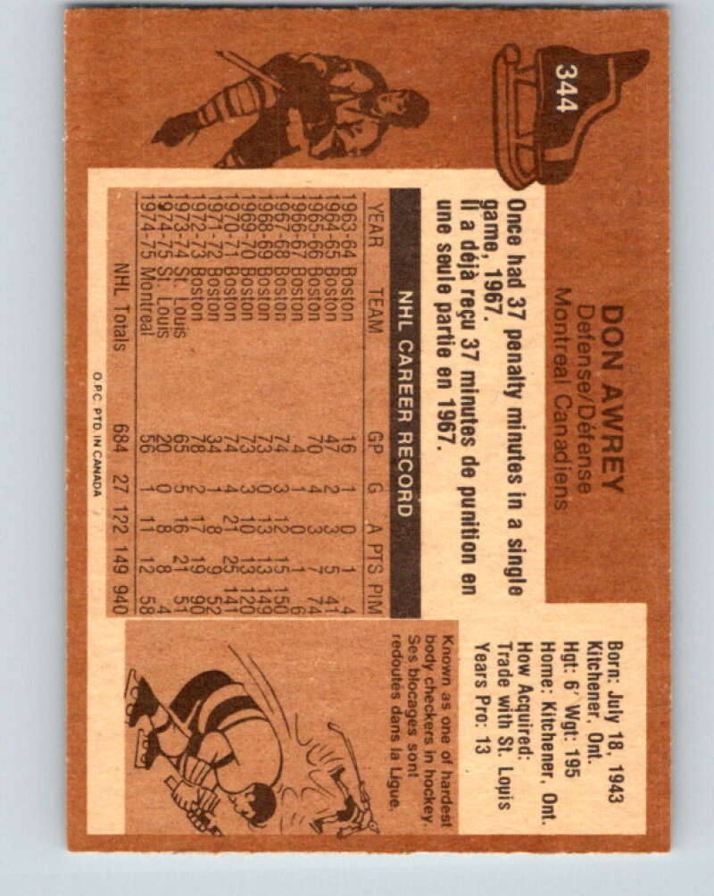 1975-76 O-Pee-Chee #344 Don Awrey Montreal Canadiens V6740