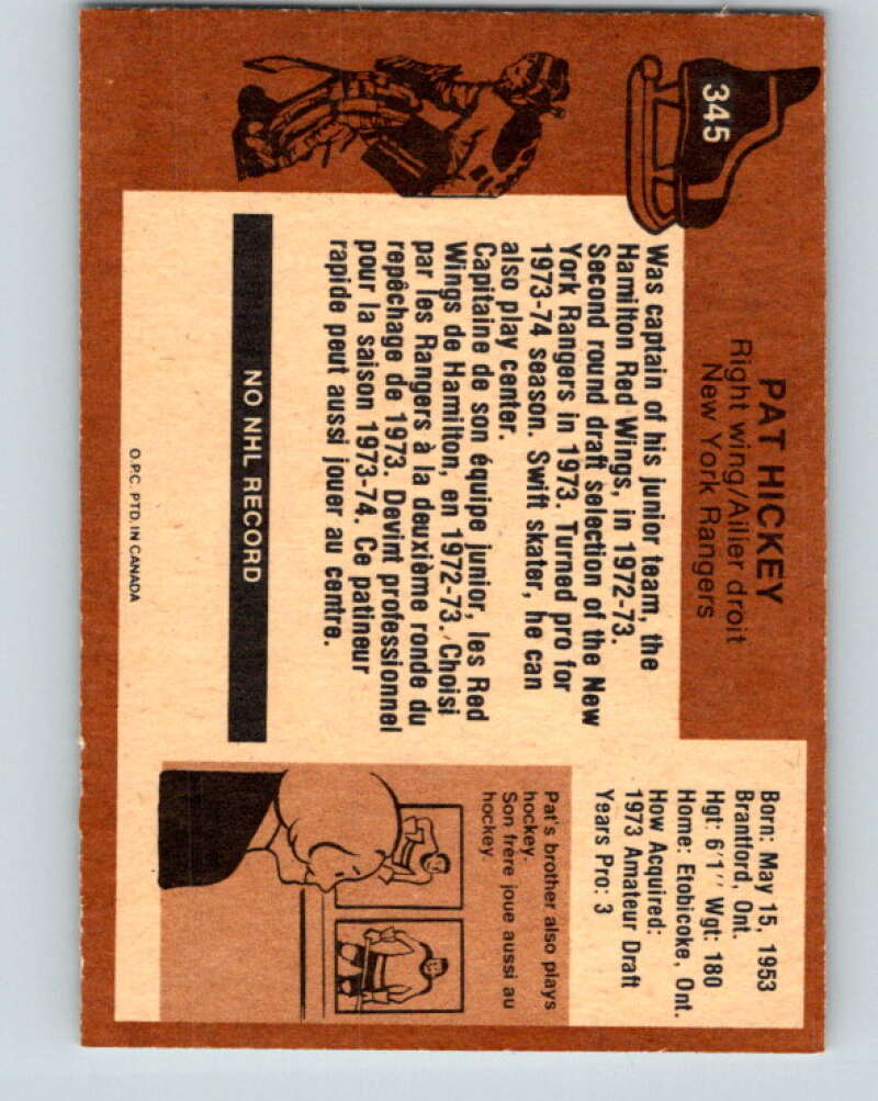1975-76 O-Pee-Chee #345 Pat Hickey New York Rangers V6741