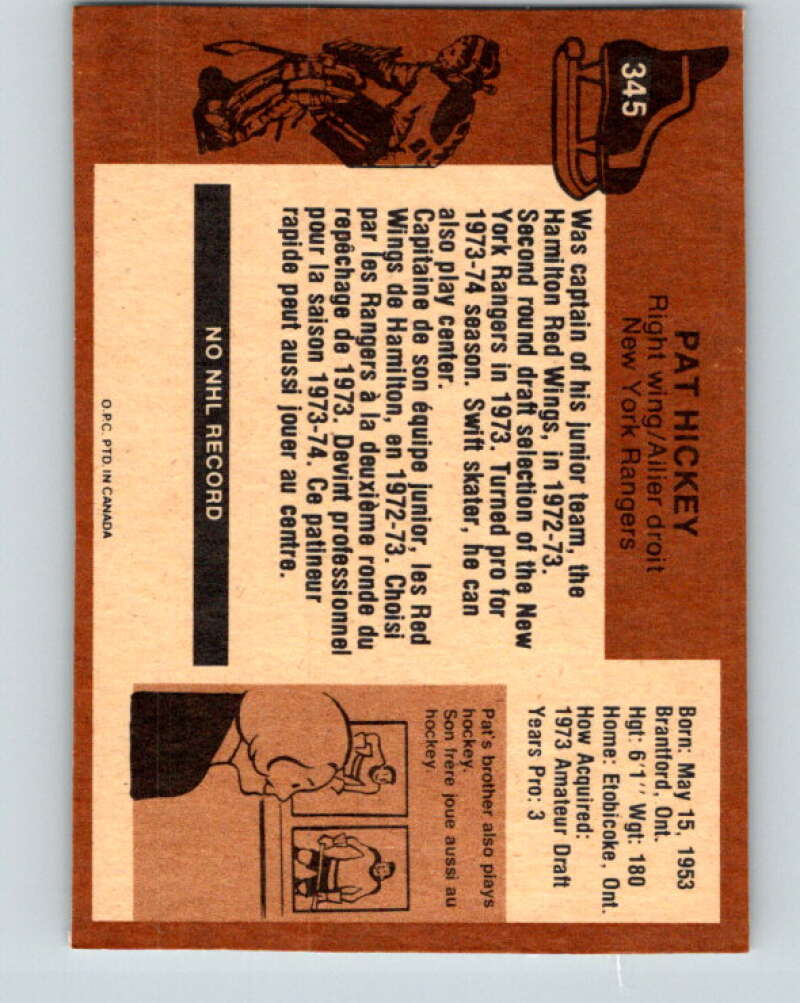 1975-76 O-Pee-Chee #345 Pat Hickey New York Rangers V6742