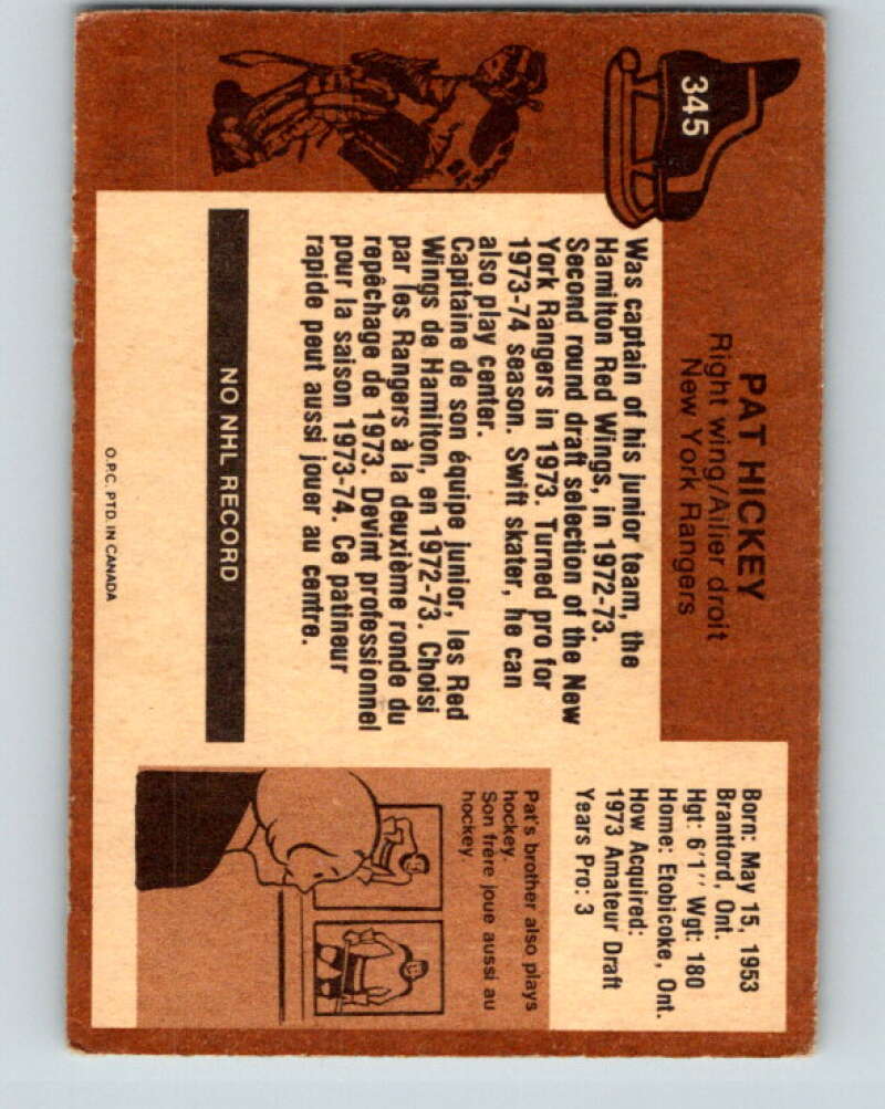 1975-76 O-Pee-Chee #345 Pat Hickey New York Rangers V6743