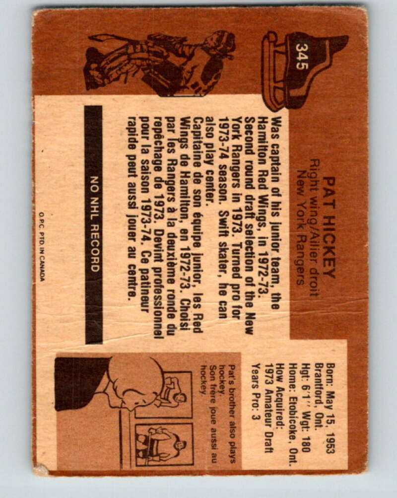 1975-76 O-Pee-Chee #345 Pat Hickey New York Rangers V6745