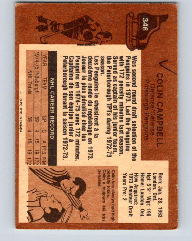 1975-76 O-Pee-Chee #346 Colin Campbell RC Rookie Pittsburgh Penguins V6746