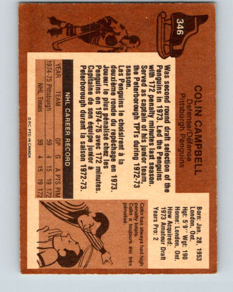 1975-76 O-Pee-Chee #346 Colin Campbell RC Rookie Pittsburgh Penguins V6747