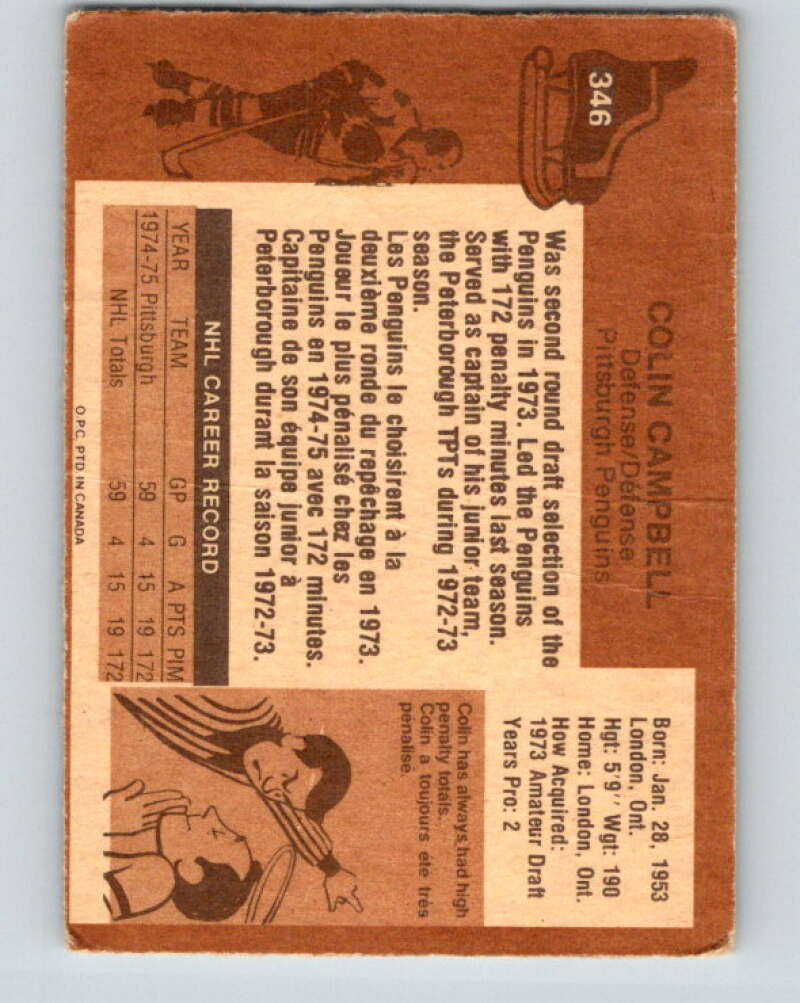 1975-76 O-Pee-Chee #346 Colin Campbell RC Rookie Pittsburgh Penguins V6748