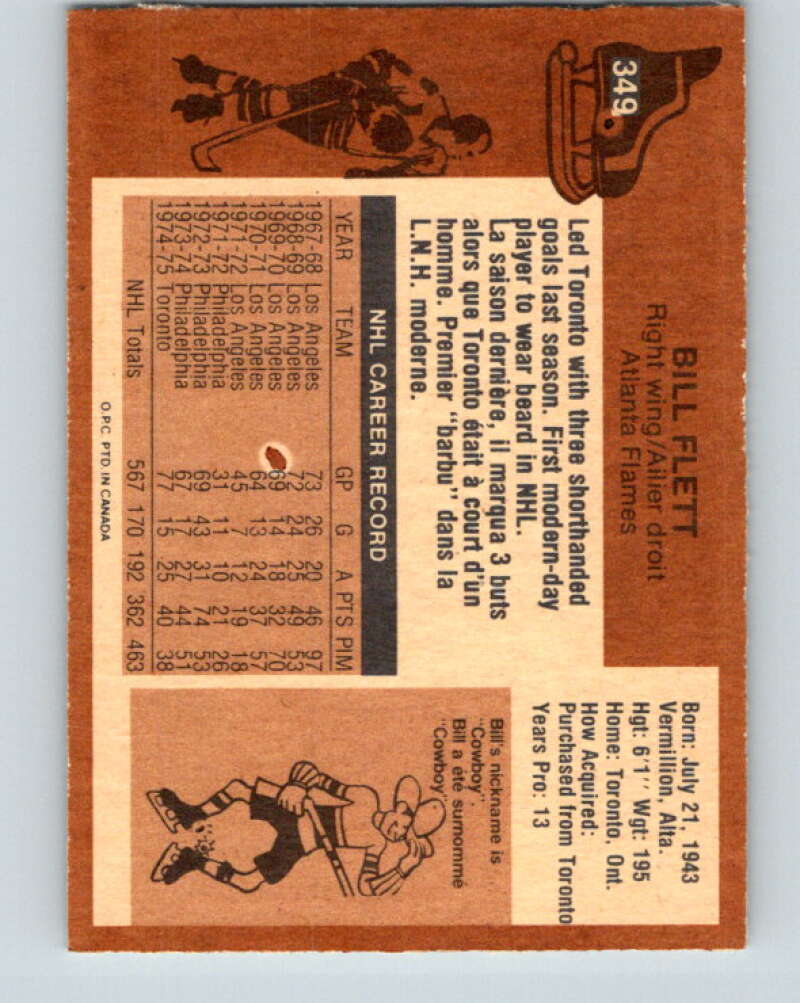 1975-76 O-Pee-Chee #349 Bill Flett Atlanta Flames V6753