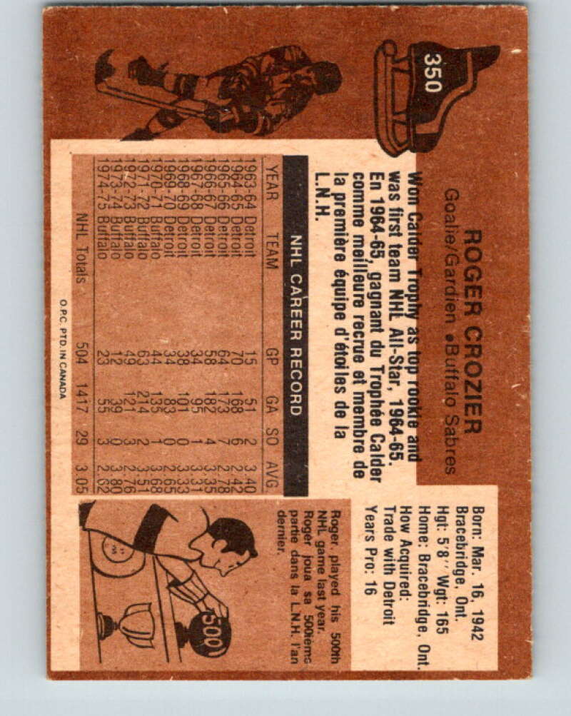 1975-76 O-Pee-Chee #350 Roger Crozier Buffalo Sabres V6754