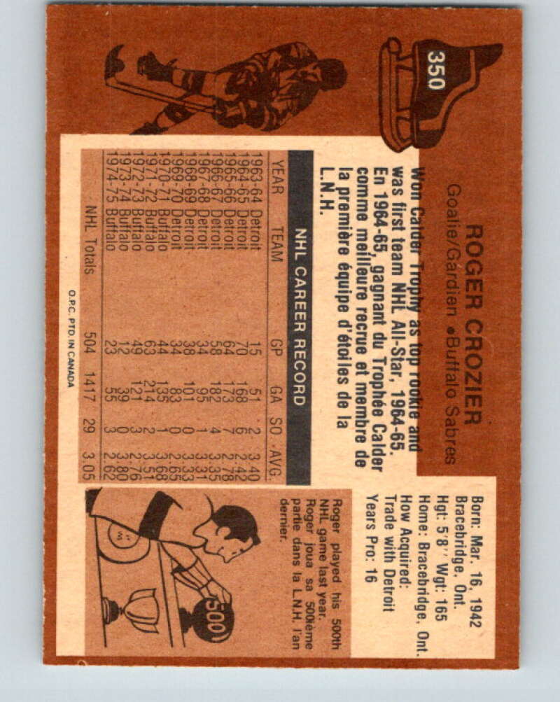 1975-76 O-Pee-Chee #350 Roger Crozier Buffalo Sabres V6755