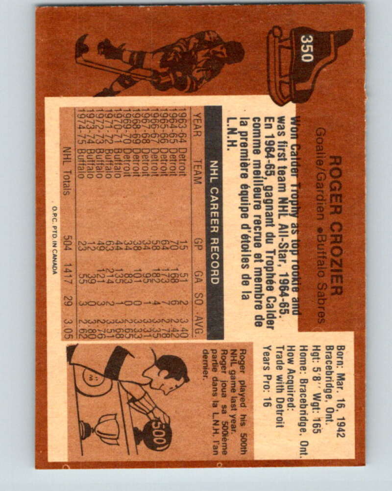1975-76 O-Pee-Chee #350 Roger Crozier Buffalo Sabres V6756