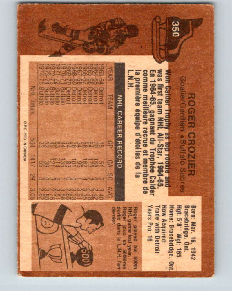 1975-76 O-Pee-Chee #350 Roger Crozier Buffalo Sabres V6757