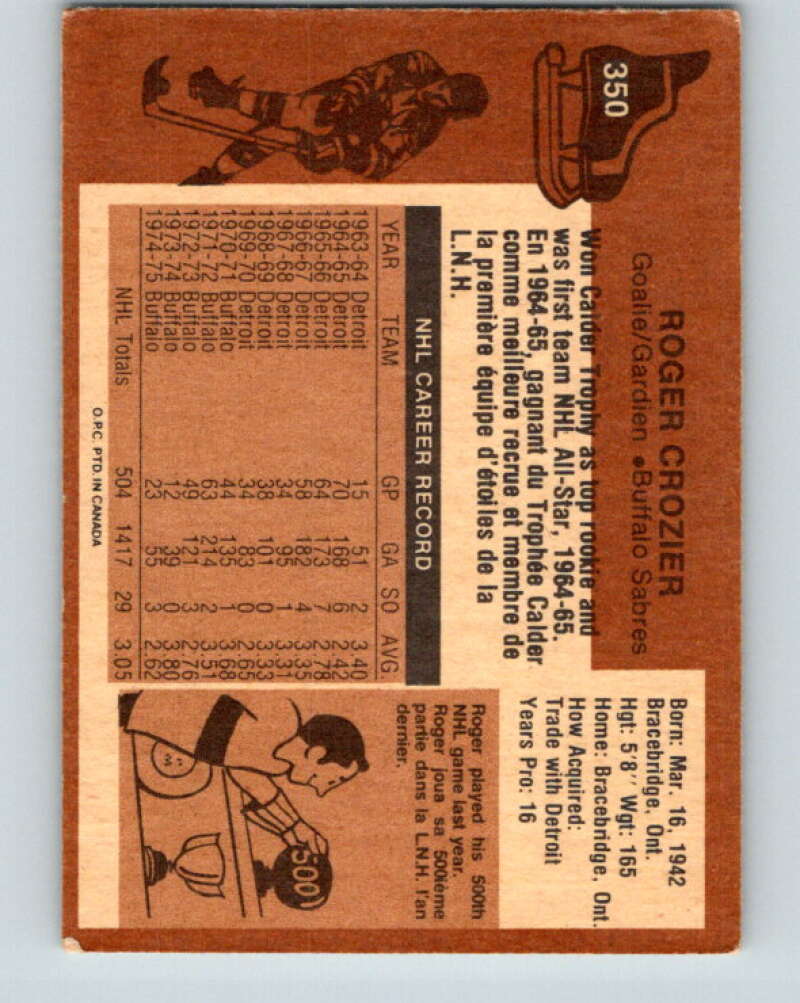 1975-76 O-Pee-Chee #350 Roger Crozier Buffalo Sabres V6758