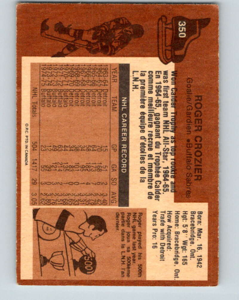1975-76 O-Pee-Chee #350 Roger Crozier Buffalo Sabres V6760