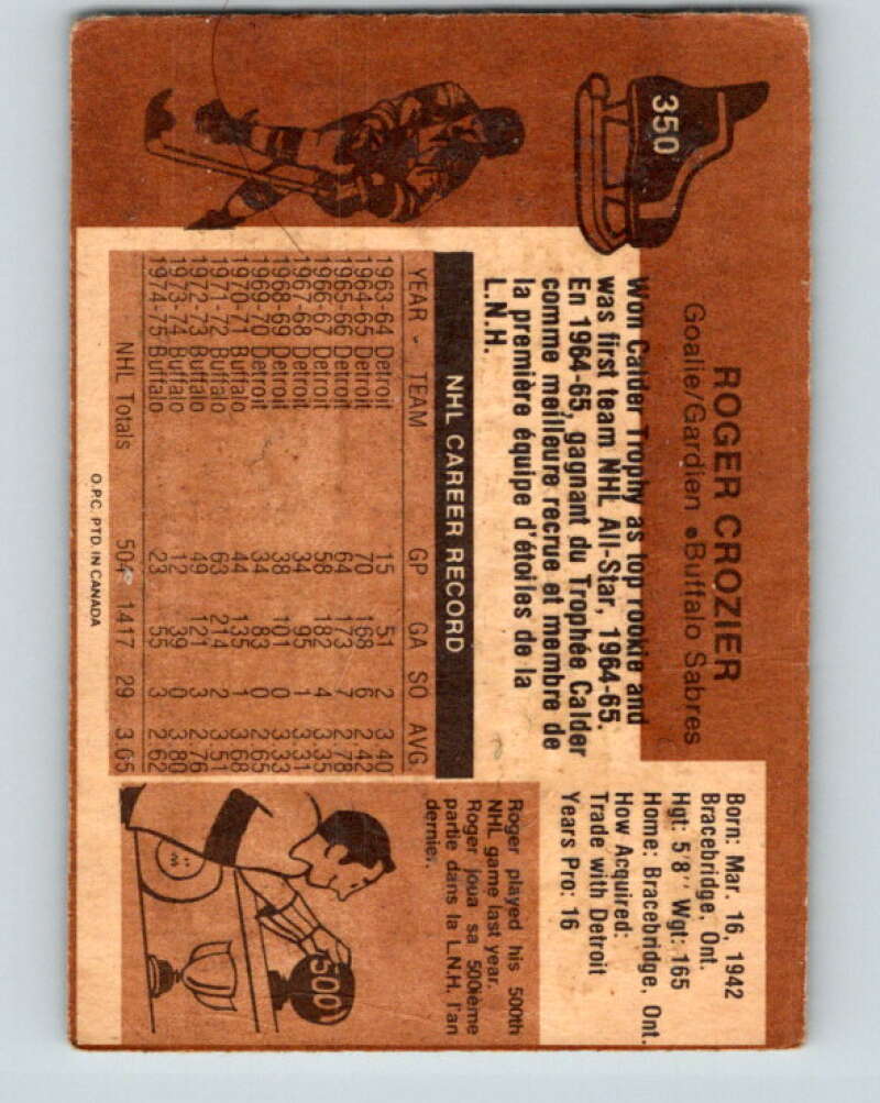 1975-76 O-Pee-Chee #350 Roger Crozier Buffalo Sabres V6761