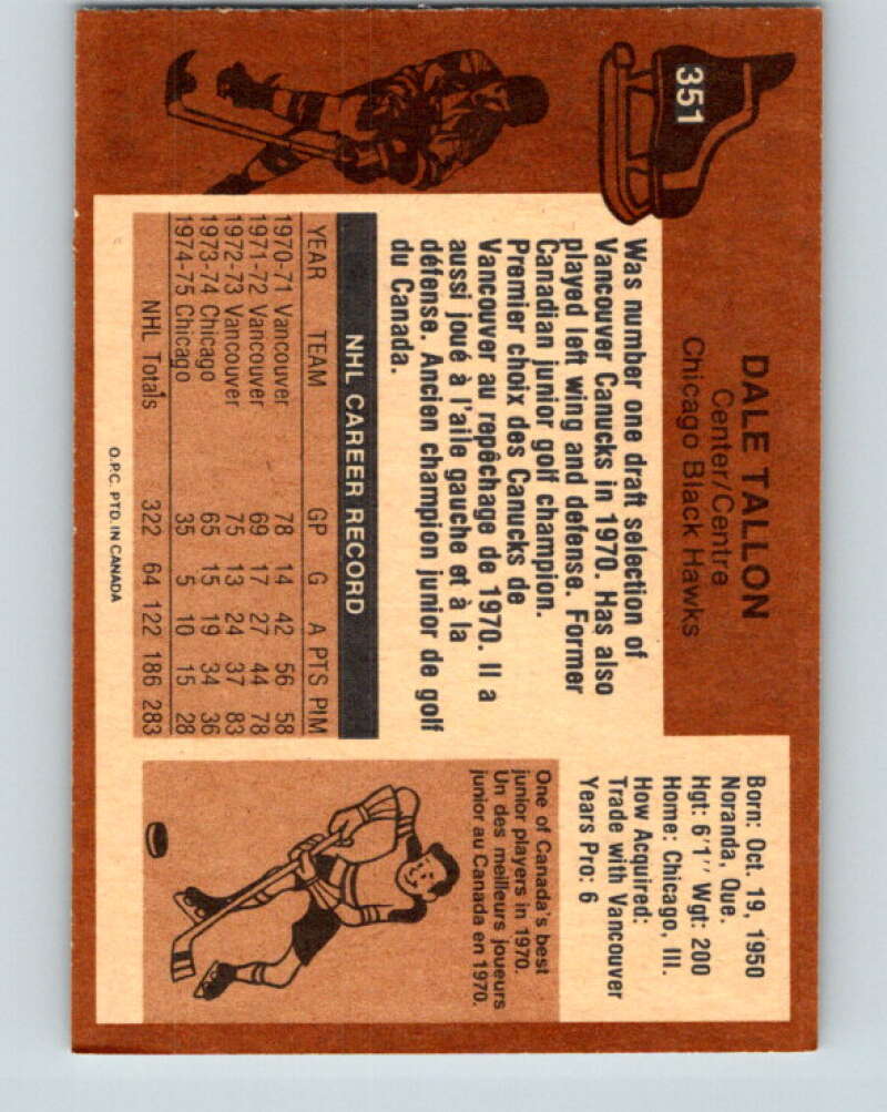1975-76 O-Pee-Chee #351 Dale Tallon Chicago Blackhawks V6762