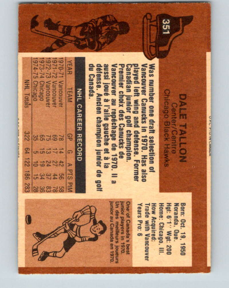 1975-76 O-Pee-Chee #351 Dale Tallon Chicago Blackhawks V6763