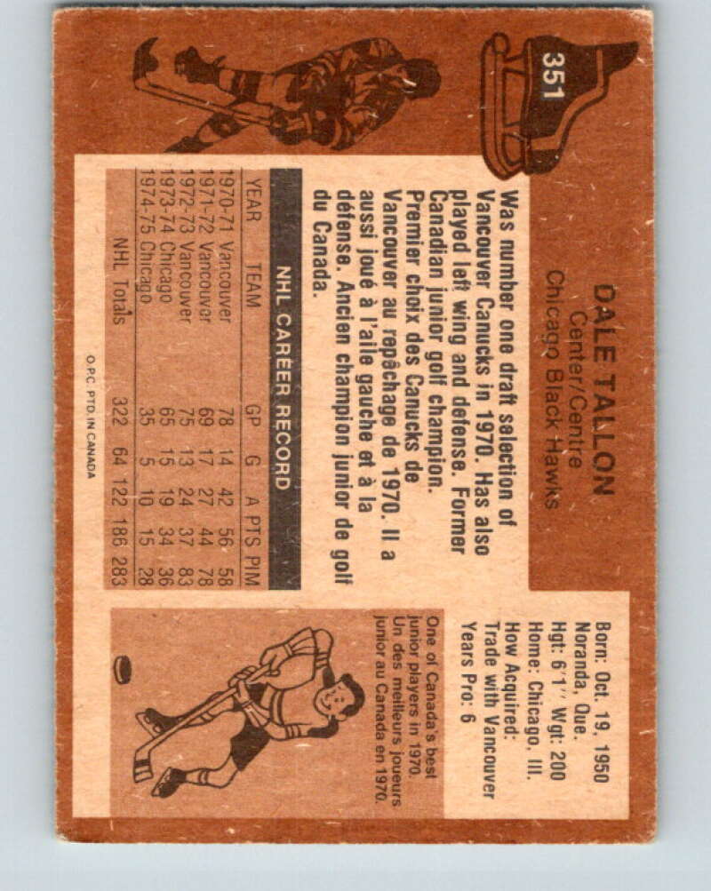 1975-76 O-Pee-Chee #351 Dale Tallon Chicago Blackhawks V6764