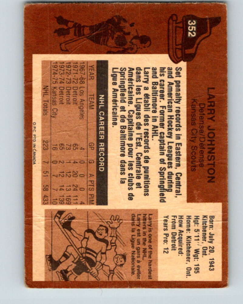 1975-76 O-Pee-Chee #352 Larry Johnston Kansas City Scouts V6766