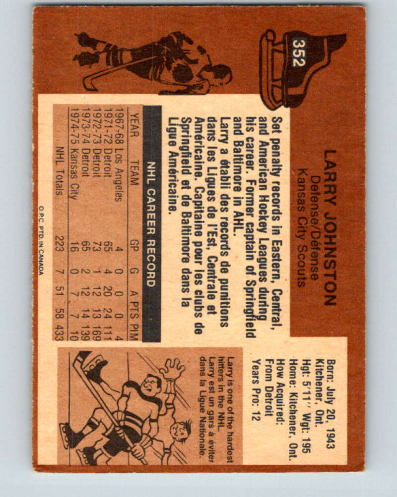 1975-76 O-Pee-Chee #352 Larry Johnston Kansas City Scouts V6767
