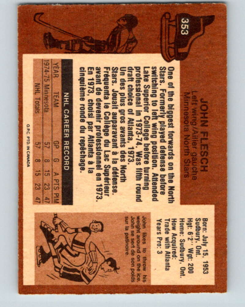1975-76 O-Pee-Chee #353 John Flesch RC Rookie Minnesota North Stars V6769
