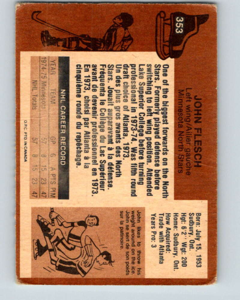 1975-76 O-Pee-Chee #353 John Flesch RC Rookie Minnesota North Stars V6770