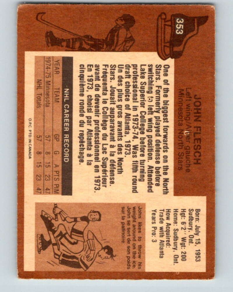 1975-76 O-Pee-Chee #353 John Flesch RC Rookie Minnesota North Stars V6771